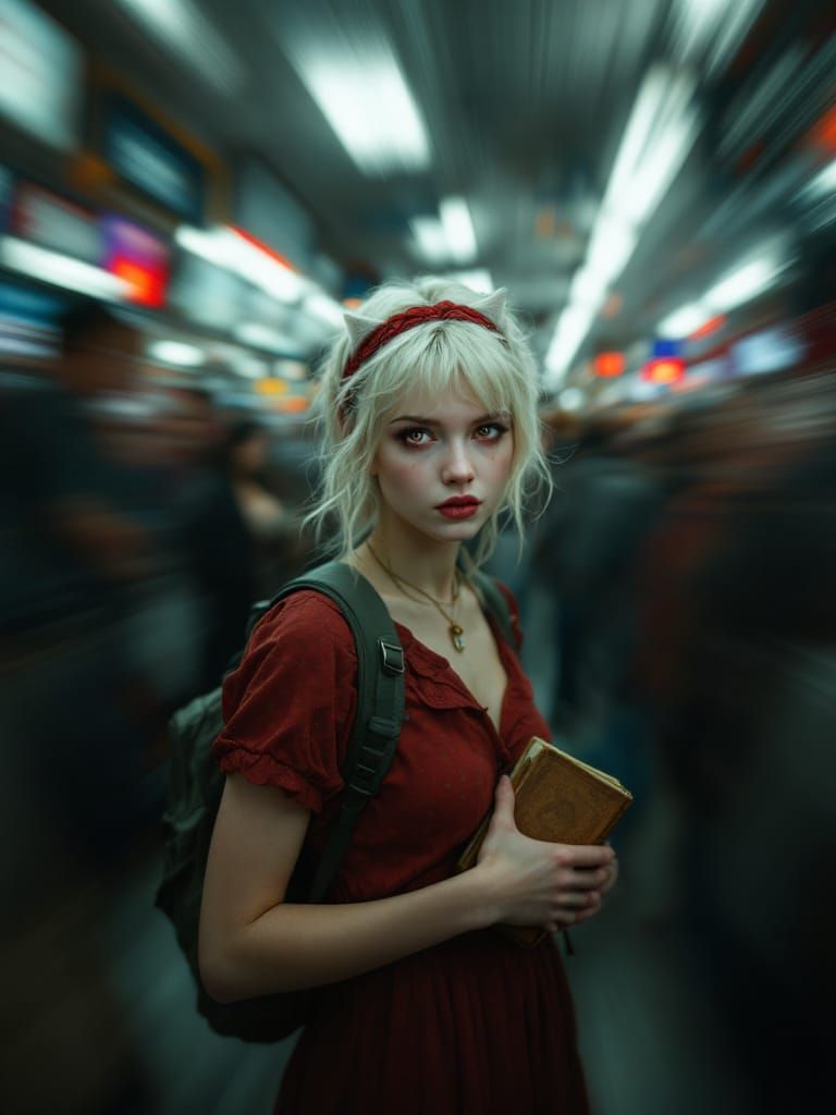 Surreal Urban Portrait of a Lost Woman in Blurred Crowd