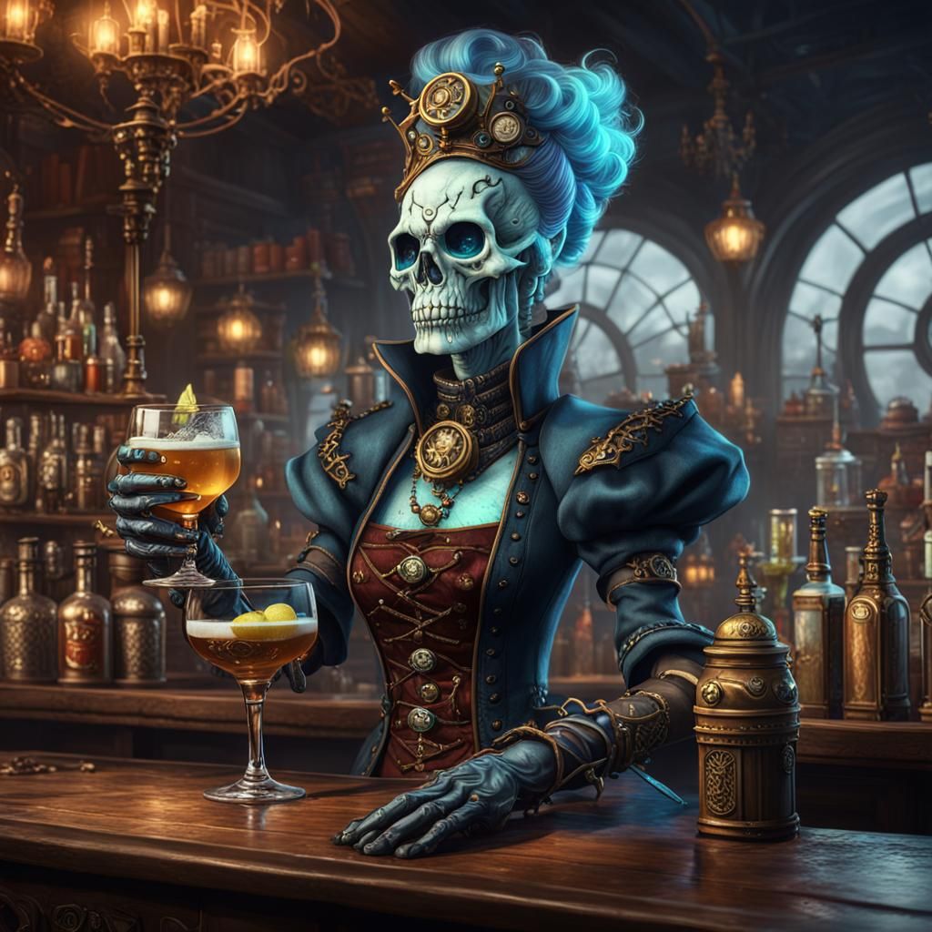 Steampunk Lich Bartender in Detailed Matte Painting
