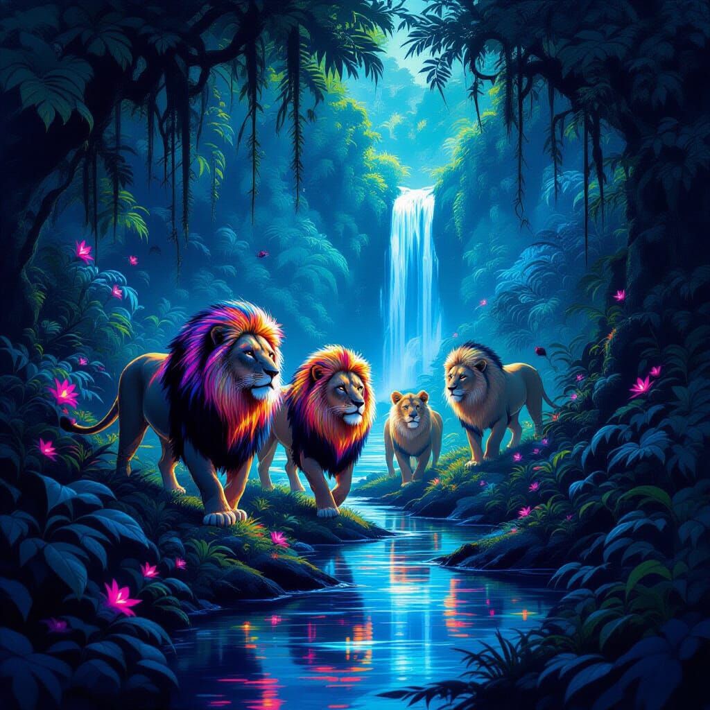 Bioluminescent Lions in Alien Jungle at Night