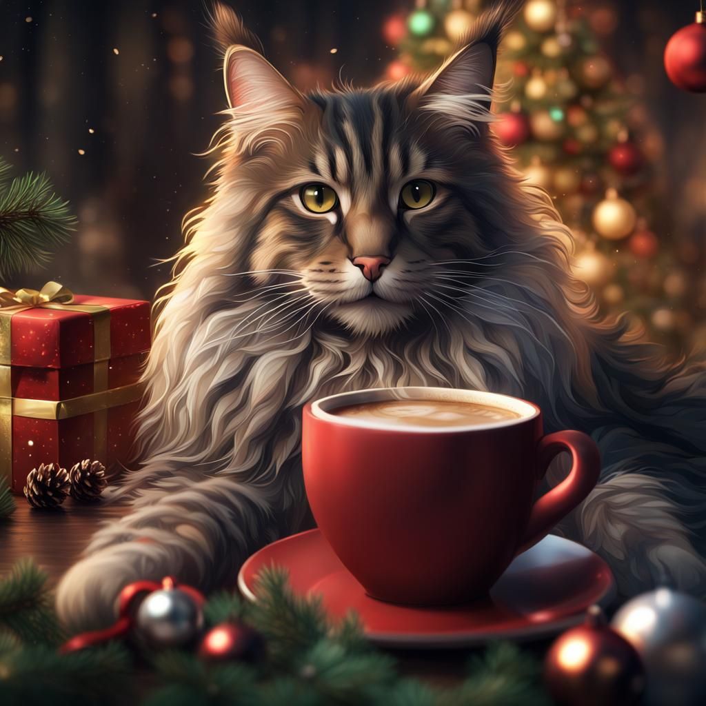 Maine Coon Cat and Christmas Coffee Art