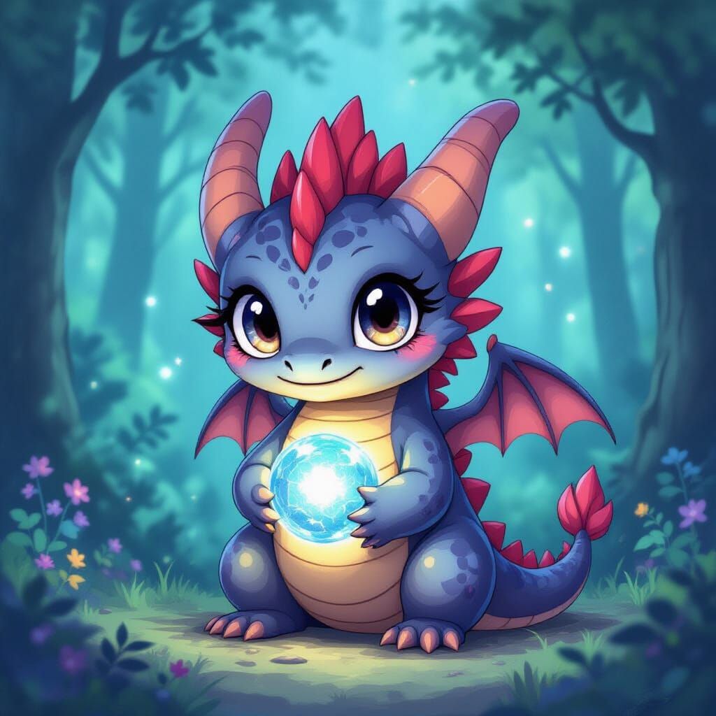 Chibi Dragon in Mystical Forest, Anime Style