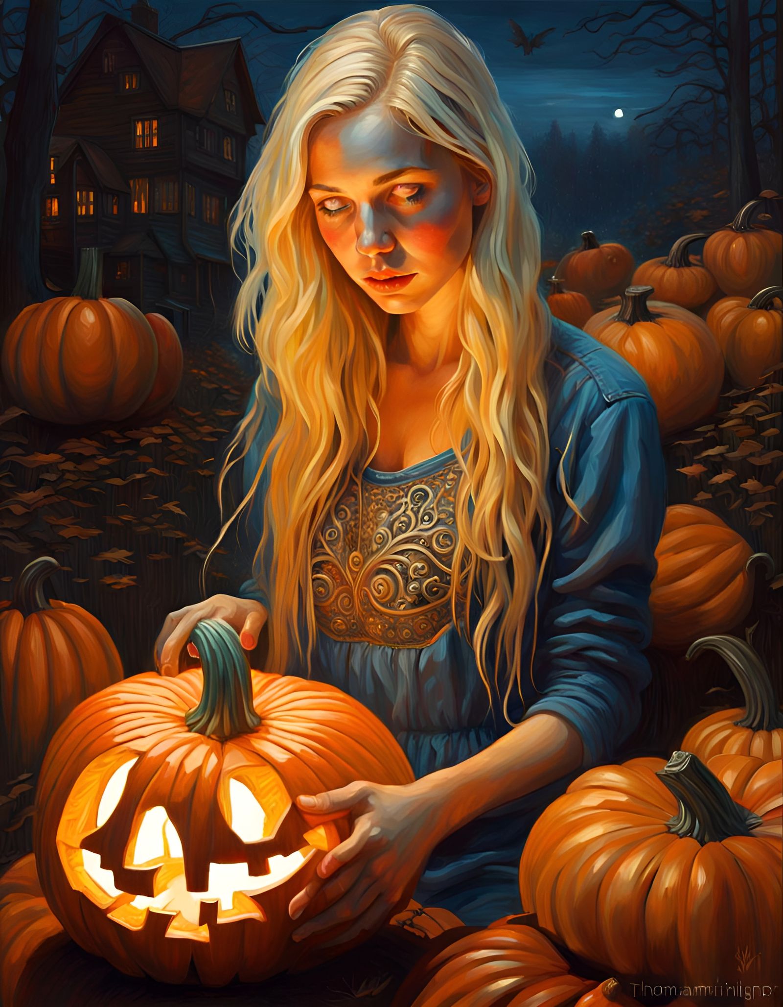Norwegian Girl Carving Pumpkin, Folk Art Style