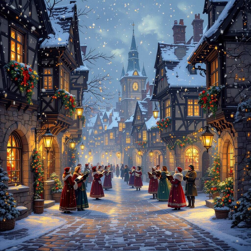 Christmas Eve Snowfall in Medieval City Square