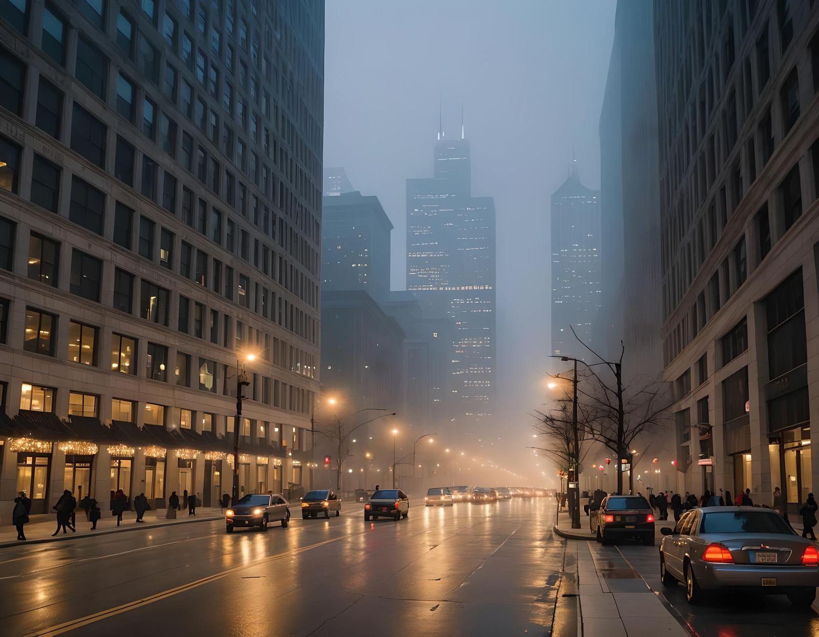 Chicago's Upper Wacker Drive in Misty Evening Light