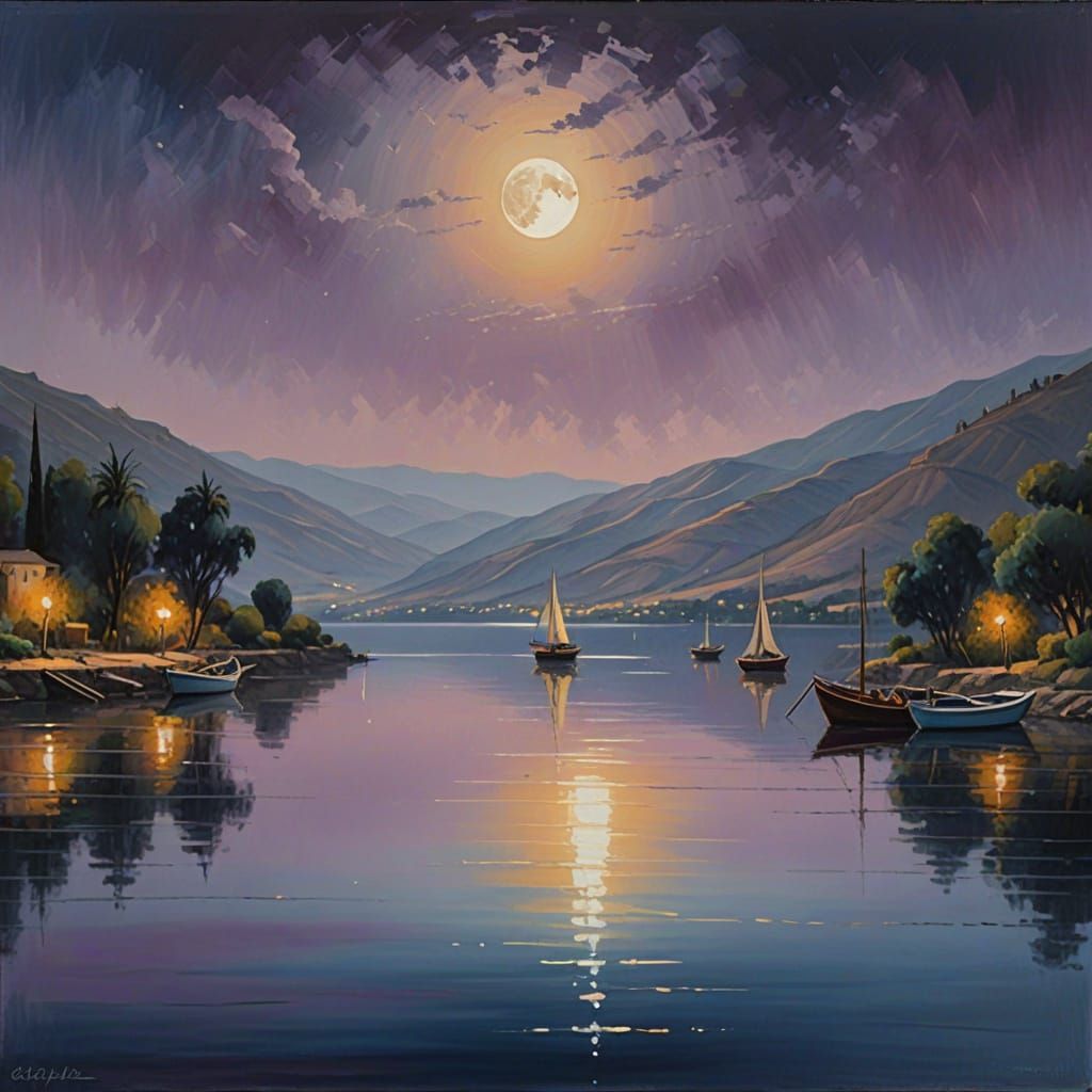 Romantic Full Moon Landscape Over the Sea of Galilee in Oil ...