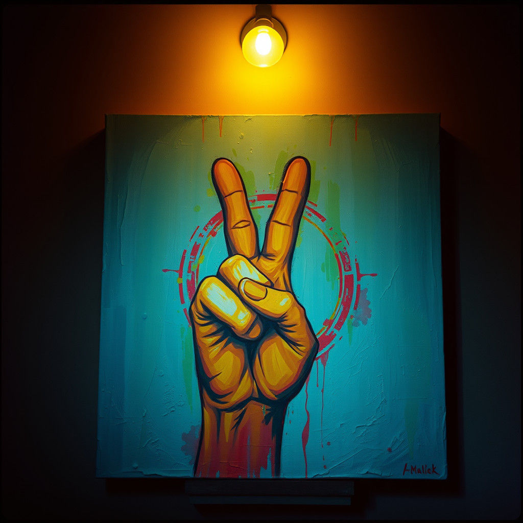Radiant Peace Sign on Canvas in Film Noir Style