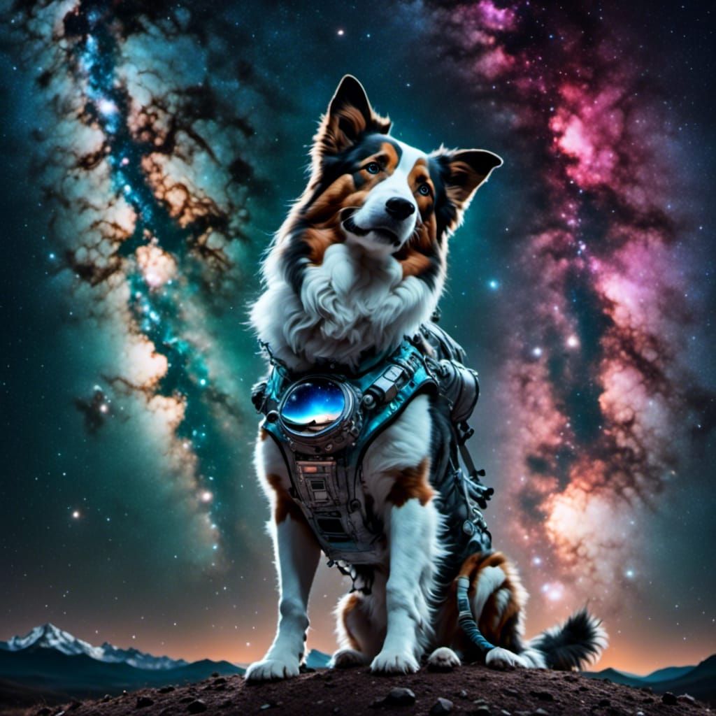 Astronaut Border Collie in Space with Aurora Borealis