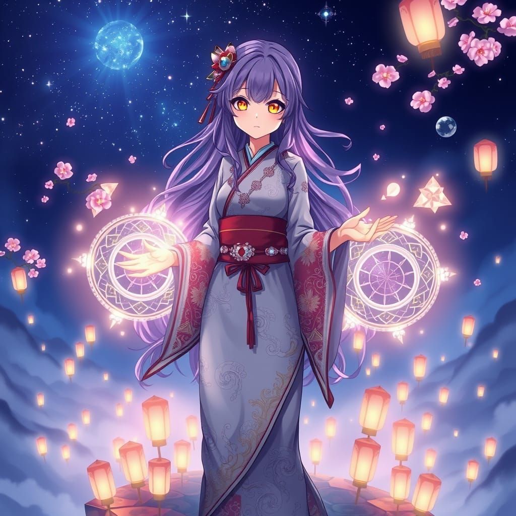 Ethereal Anime Goddess in Celestial Kimono