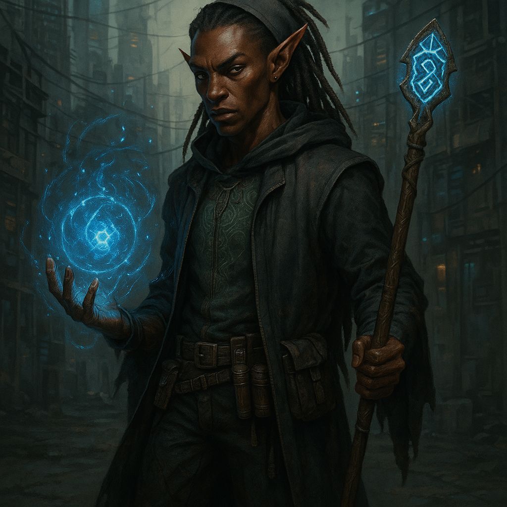 Shadowrun Male Wakyambi Spellcaster in Cyberpunk Style