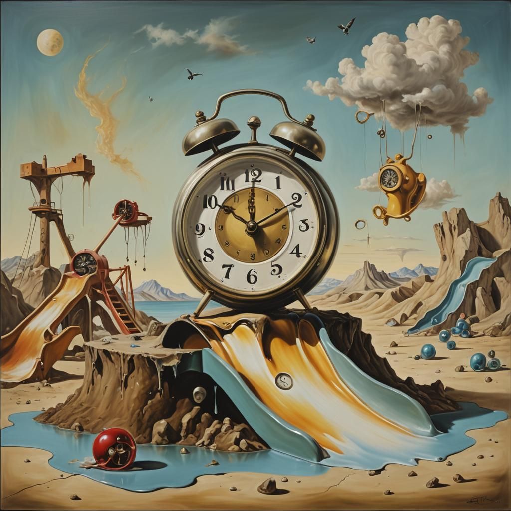 Melting Clock on Playground Slide: A Surreal Image
