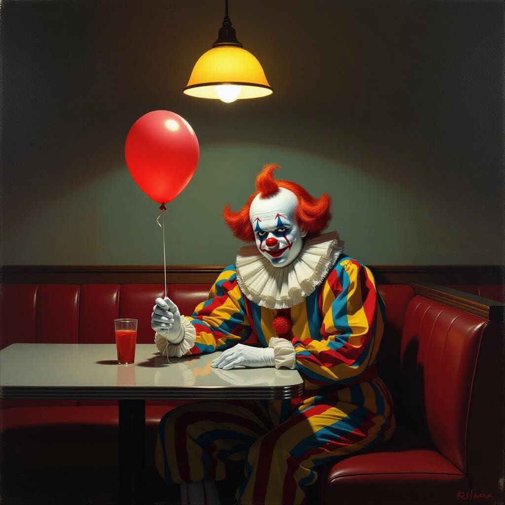 Tired Clown at Diner: Nostalgic Realism Painting