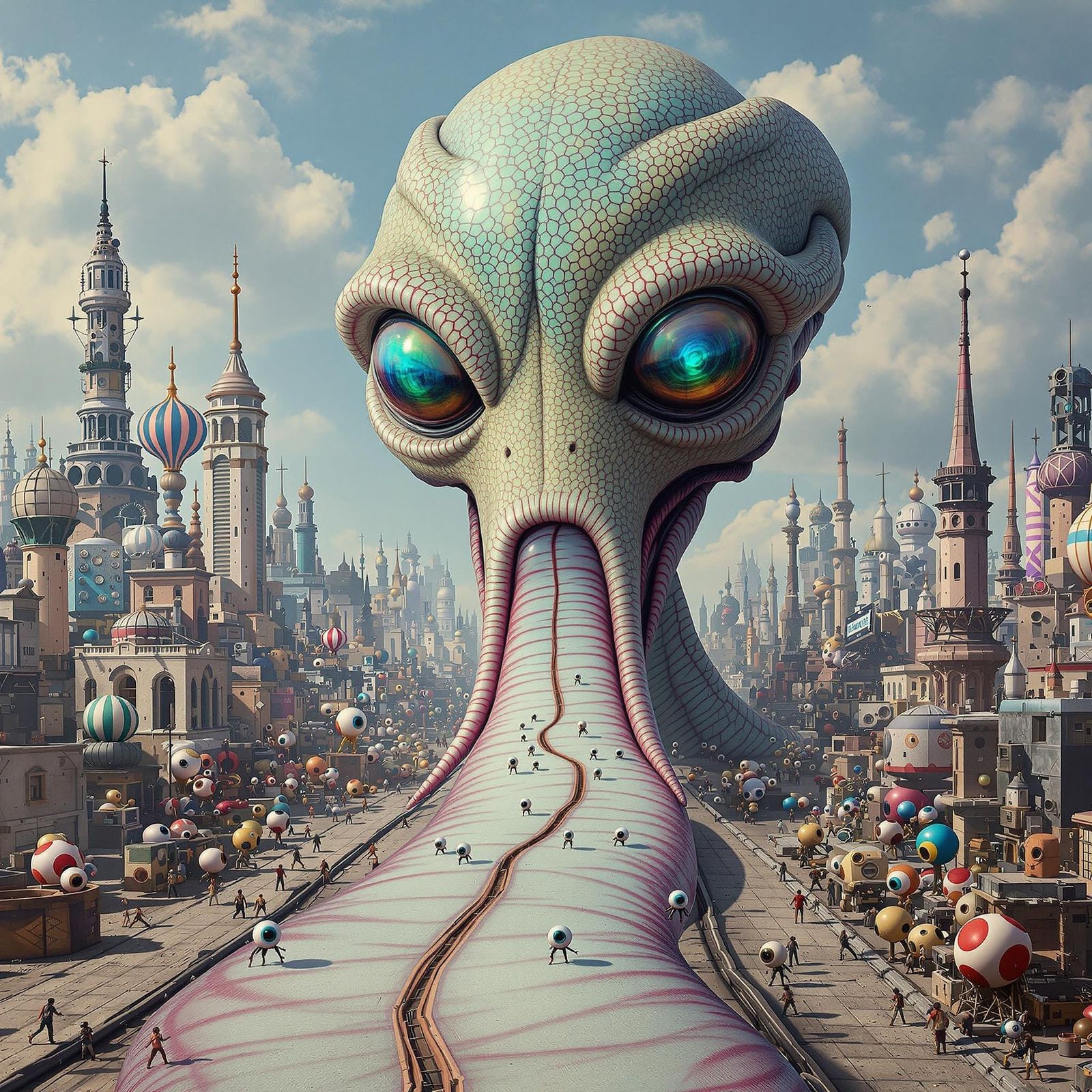 Surreal Alien Head in a Robot Metropolis