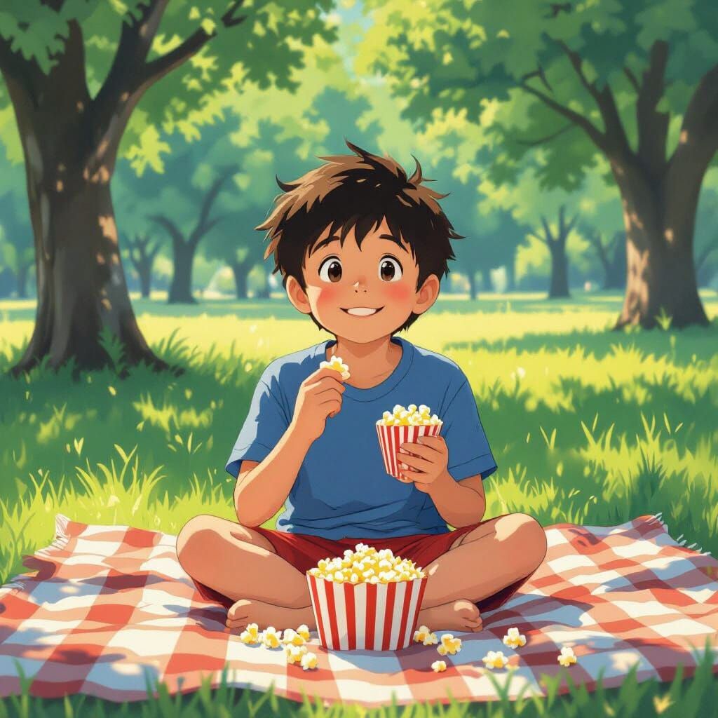 Joyful Boy Eats Popcorn in Park, Studio Ghibli Style
