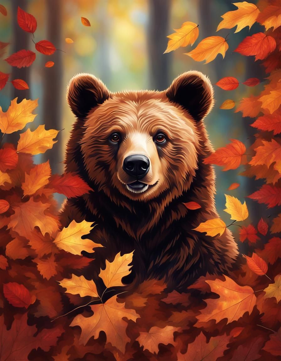 Adorable Bear Cub in Autumn Leaves