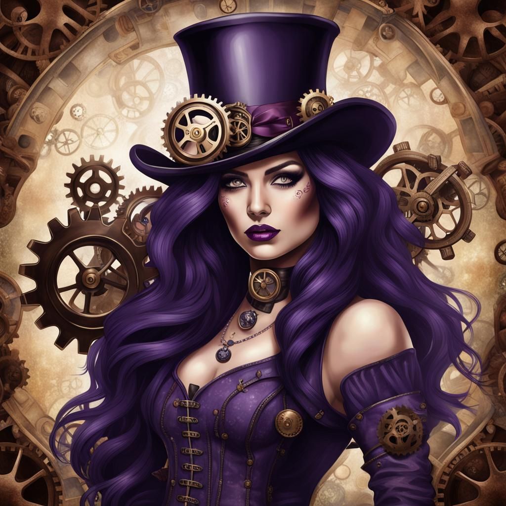 Steampunk Woman with Purple Hair and Top Hat