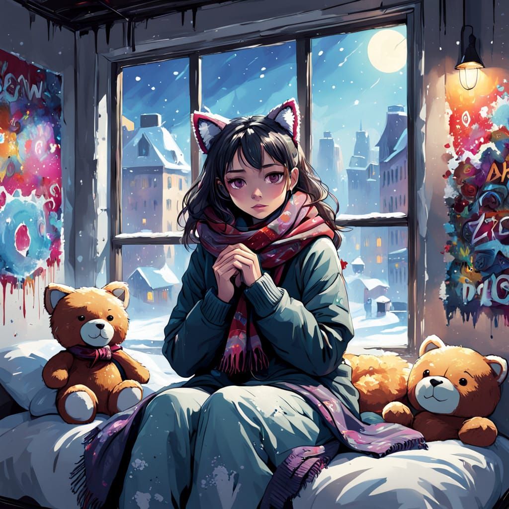 Whimsical Winter Girl with Cat Ears in Vibrant Graffiti Art