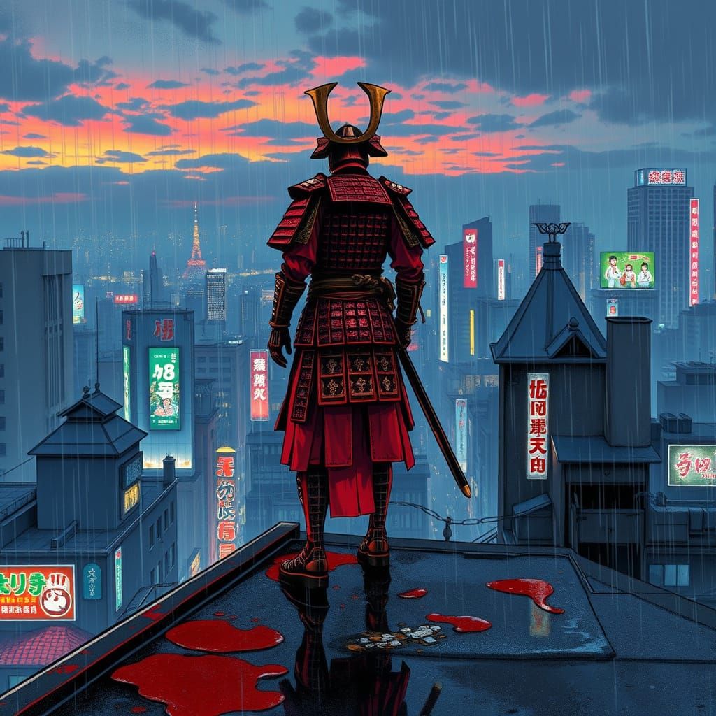 Crimson Samurai on Tokyo Rooftop at Dusk, Ink Wash Graffiti ...