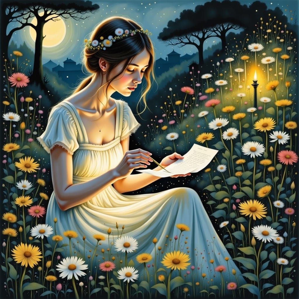 Girl Reads Letter in Candlelight Garden