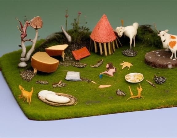 16k resolution, art by Hieronymus Bosch and Erin Hanson. A whimsical miniature cheese forest diorama. Parmesan pathways ...