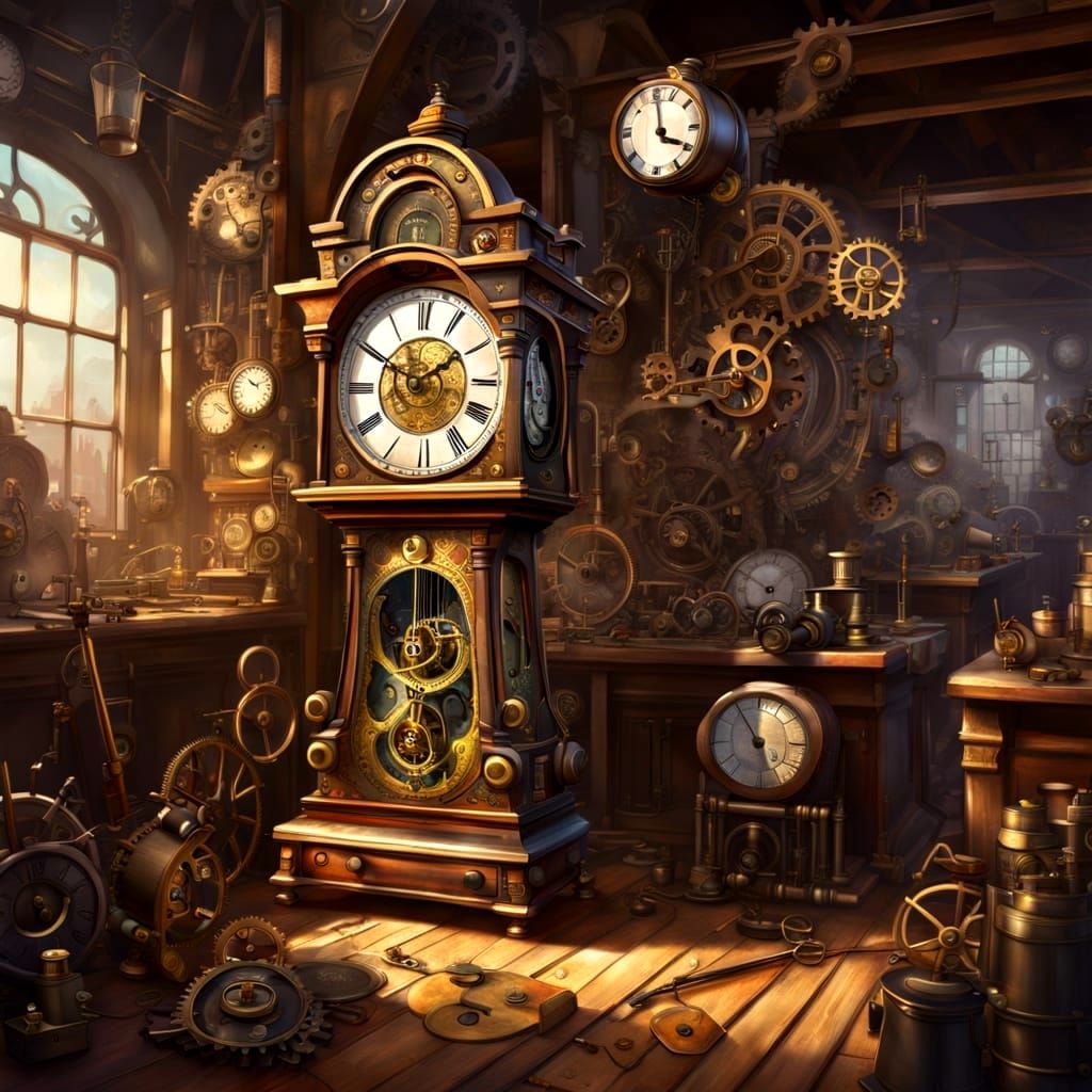 Steampunk Grandfather Clock in Victorian Workshop