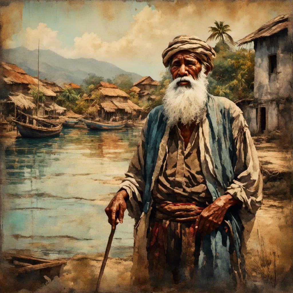 Vintage Oil Painting of Old Man by the Sea