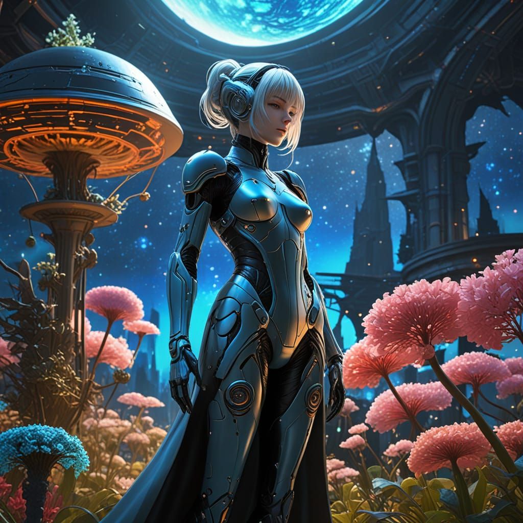 Android Gardener on Alien Planet: Hyperrealistic Anime Art