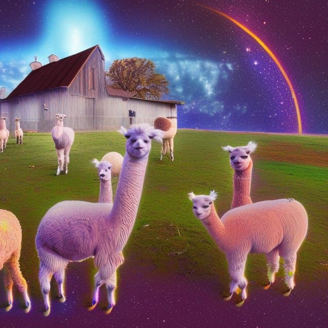 Farmhouse with Alpacas: Holographic Astral Illustration