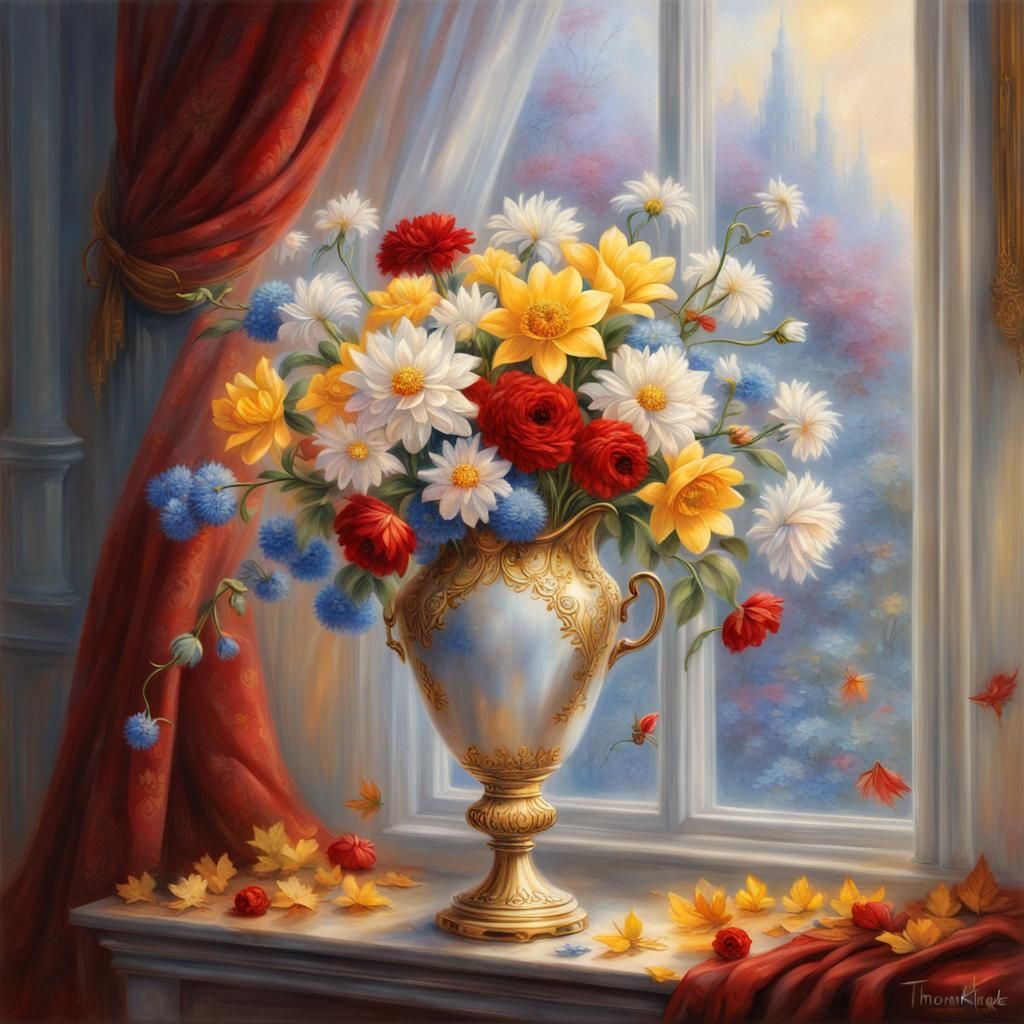 Floral Splendor Behind Golden Curtain in Ethereal Style