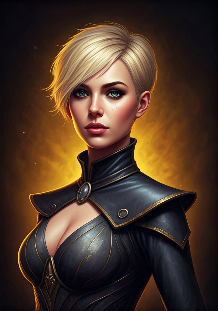 Blonde Sorceress with Pixie Cut in Dark Fantasy Style