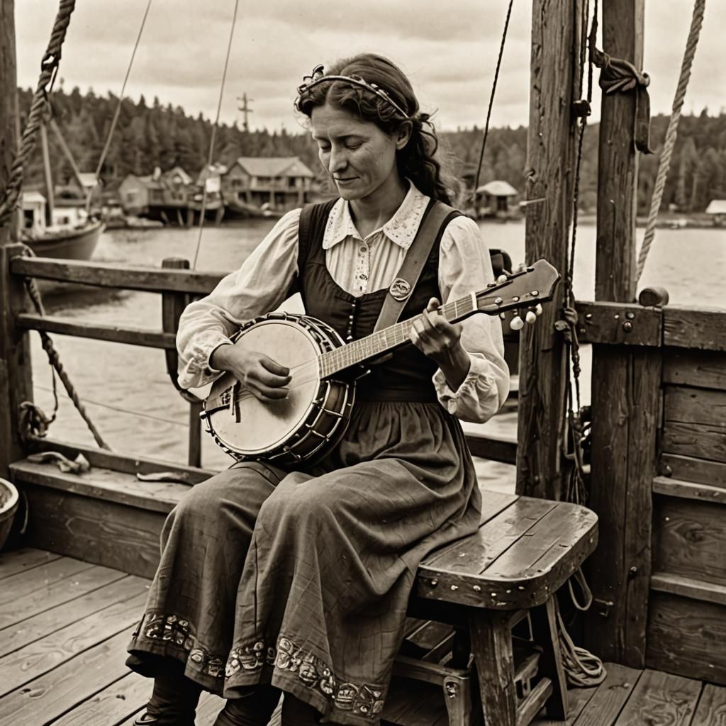 Woman Plays Banjo on Ship Deck