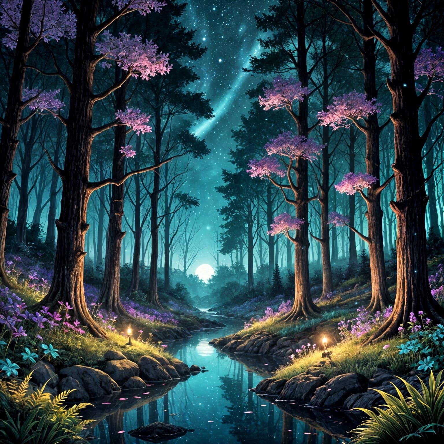 black magical colorful forest at night with a blue water ver...