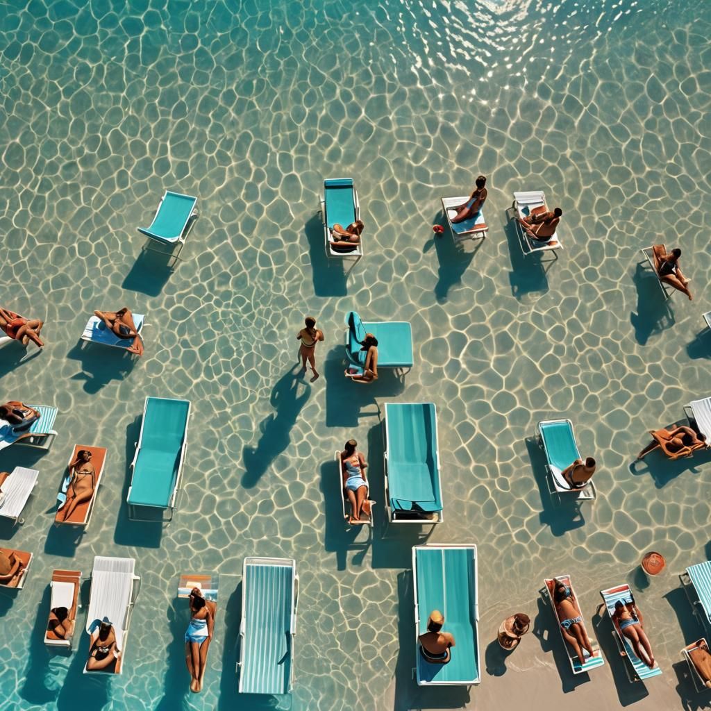 Luxury Pool Sunbeds by the Sea: Surreal Digital Art