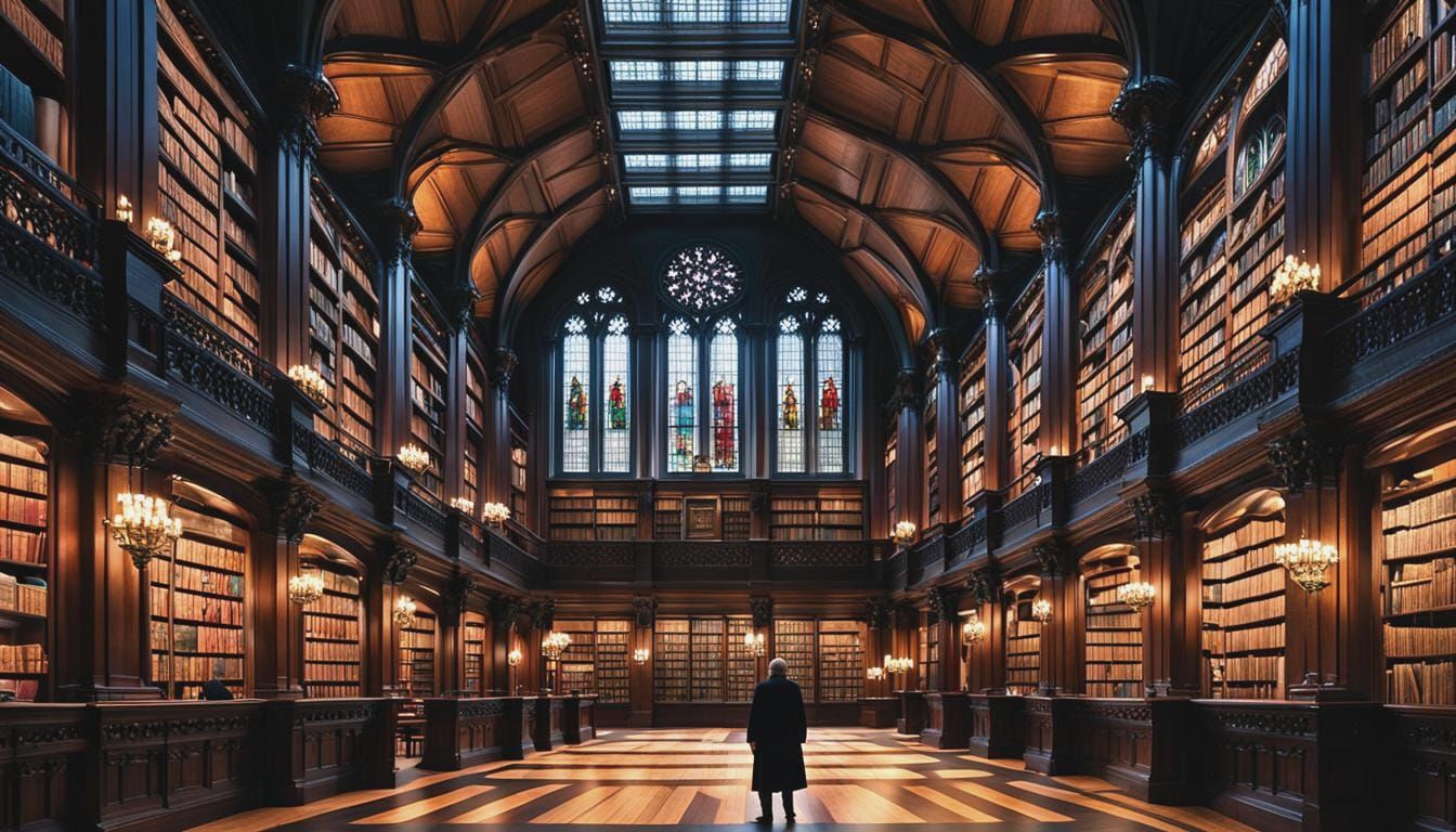 Dark Academia Library with Large Windows