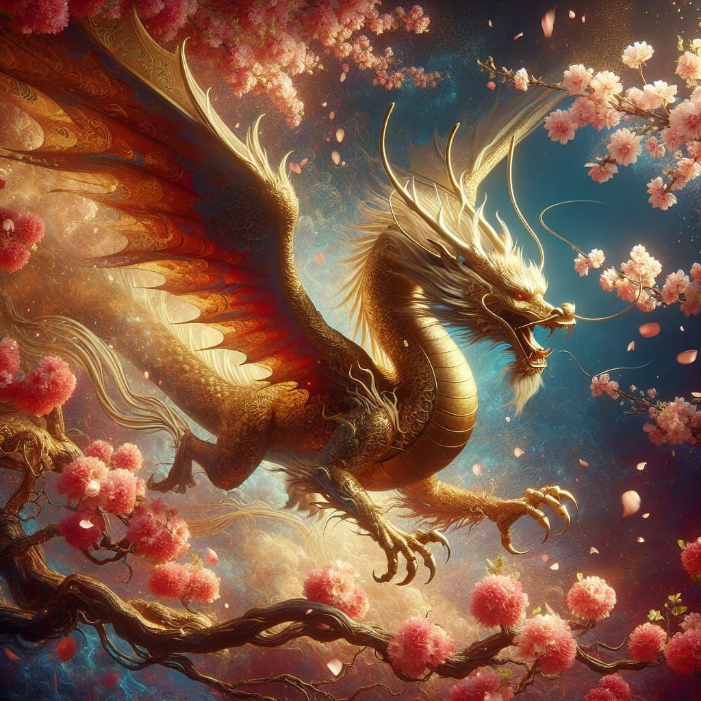 Golden Japanese Dragon Among Cherry Blossoms