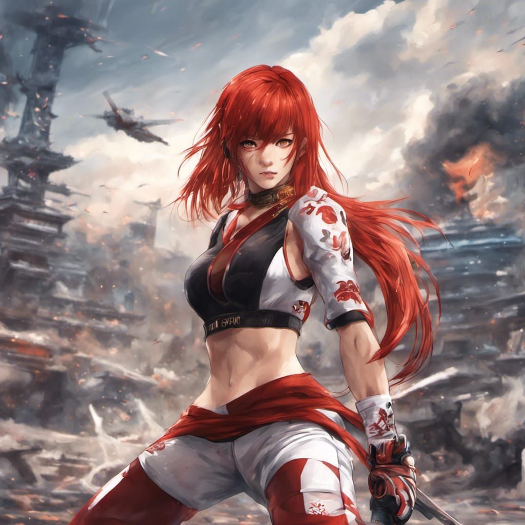 Anime Girl with Red Hair Fighting in Tekken Style