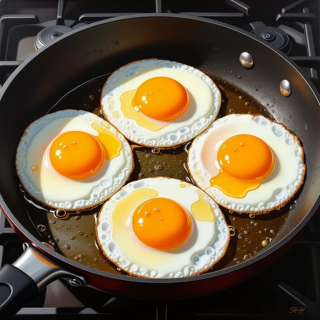 Hyperrealistic Fried Eggs Sizzling on Stove Top View