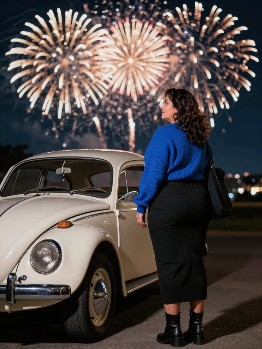 Middle Eastern Woman Watches Fireworks by Vintage Car