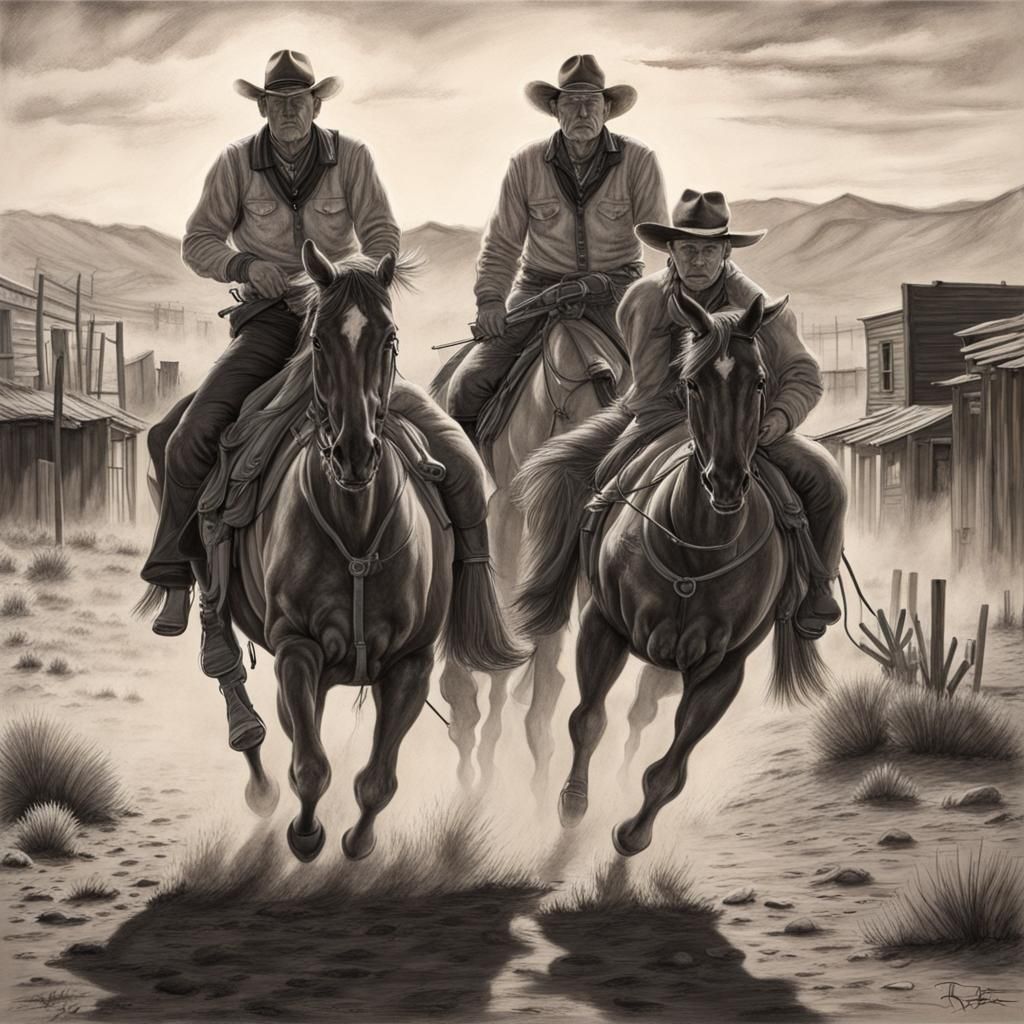 Old Cowboys Ride into Sunset: Charcoal Drawing