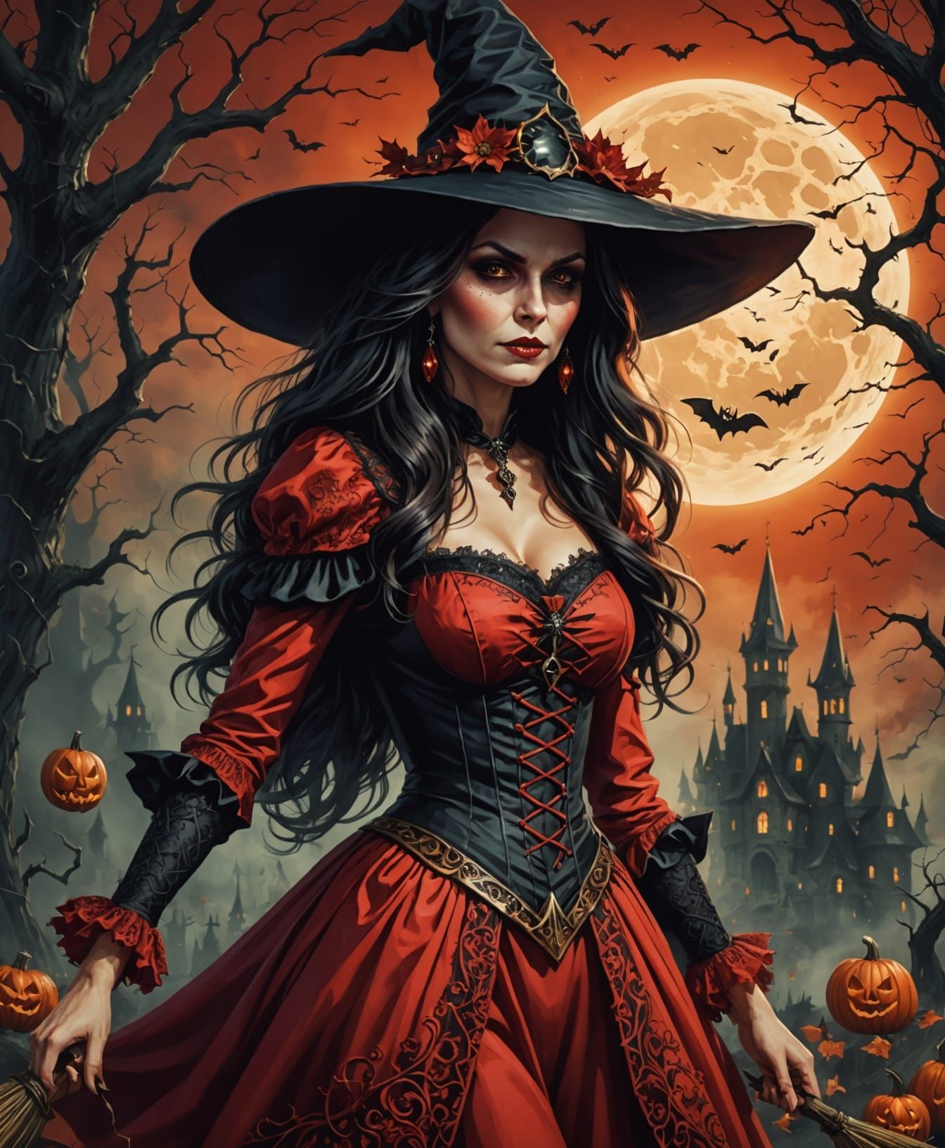 Halloween Witch in Red Dress Illustration