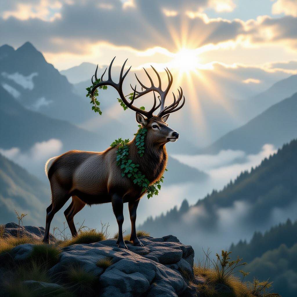 Majestic Stag With Ivy Antlers Overlooking Misty Valley