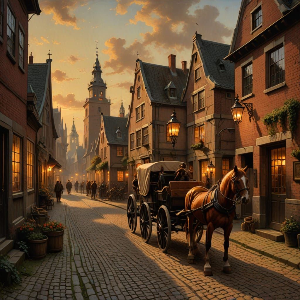 17th Century Dutch Village Scene in Golden Hour Light