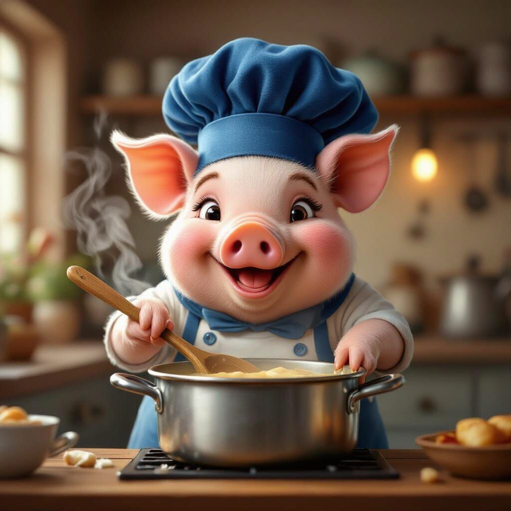 Happy Pig Chef Stirring Pot in Cozy Kitchen