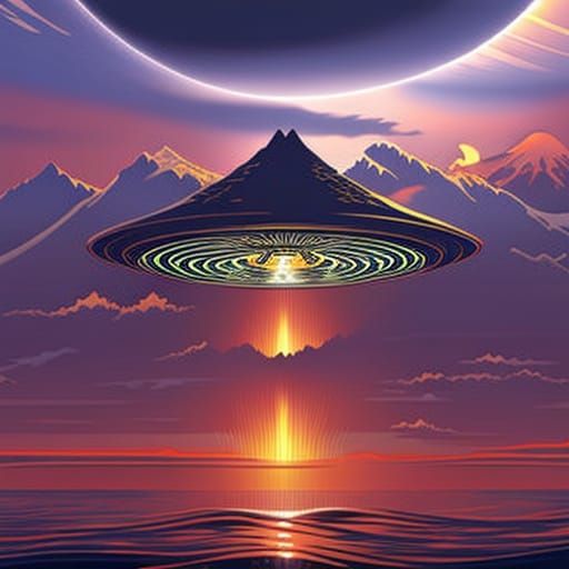 UFO Surfing Hokusai Wave at Golden Hour