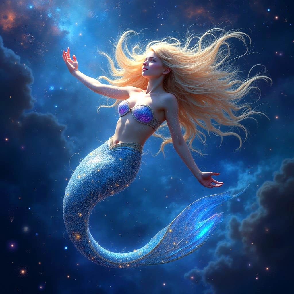 Celestial Mermaid Swimming Through Nebula in Art Nouveau Sty...