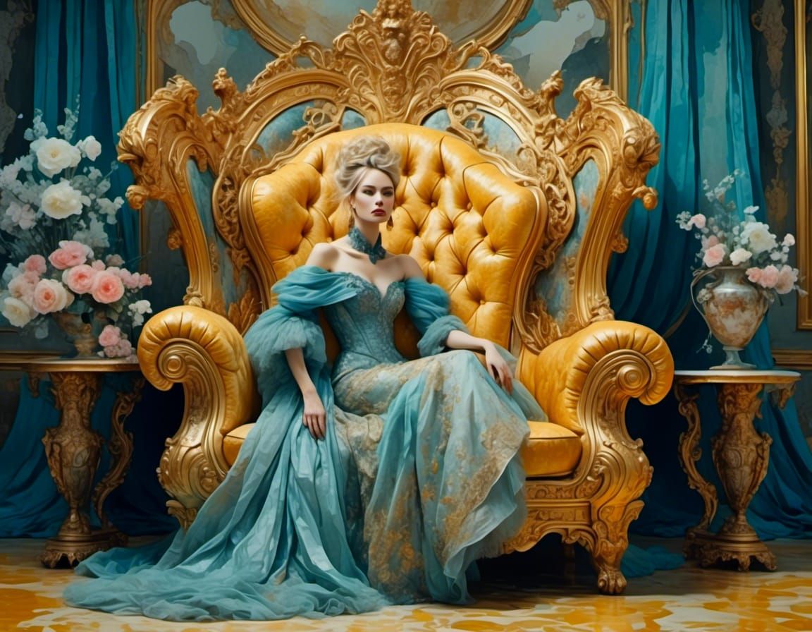 <lora:Watercolor Visions:1.0> Painted portrait masterpiece A beautiful woman sits on a magnificent throne. The estate is...