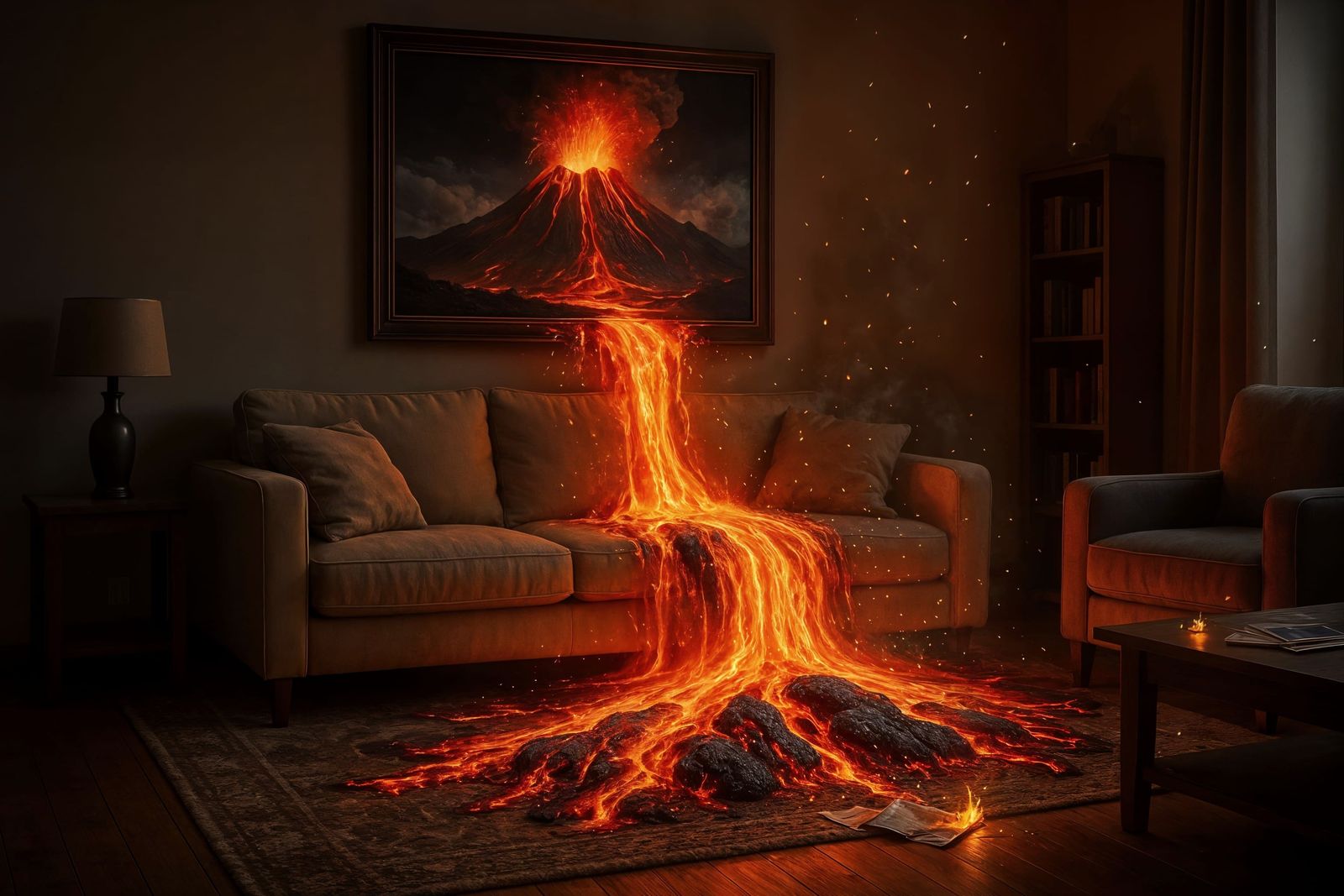 Living Room Volcano: Surreal Digital Art Eruption