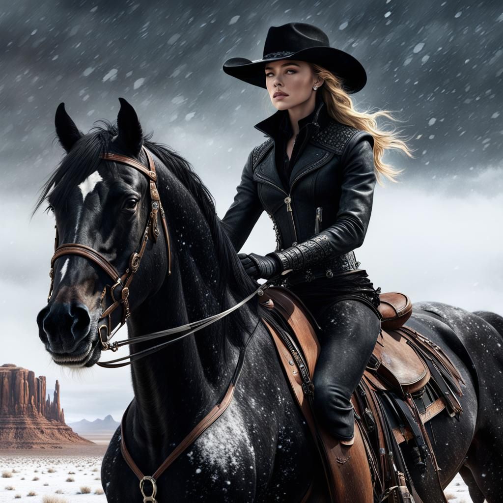 Woman on Black Stallion in Snowy Desert