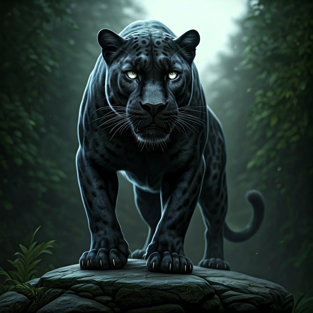 Midnight Panther Dominates Dark Forest Landscape