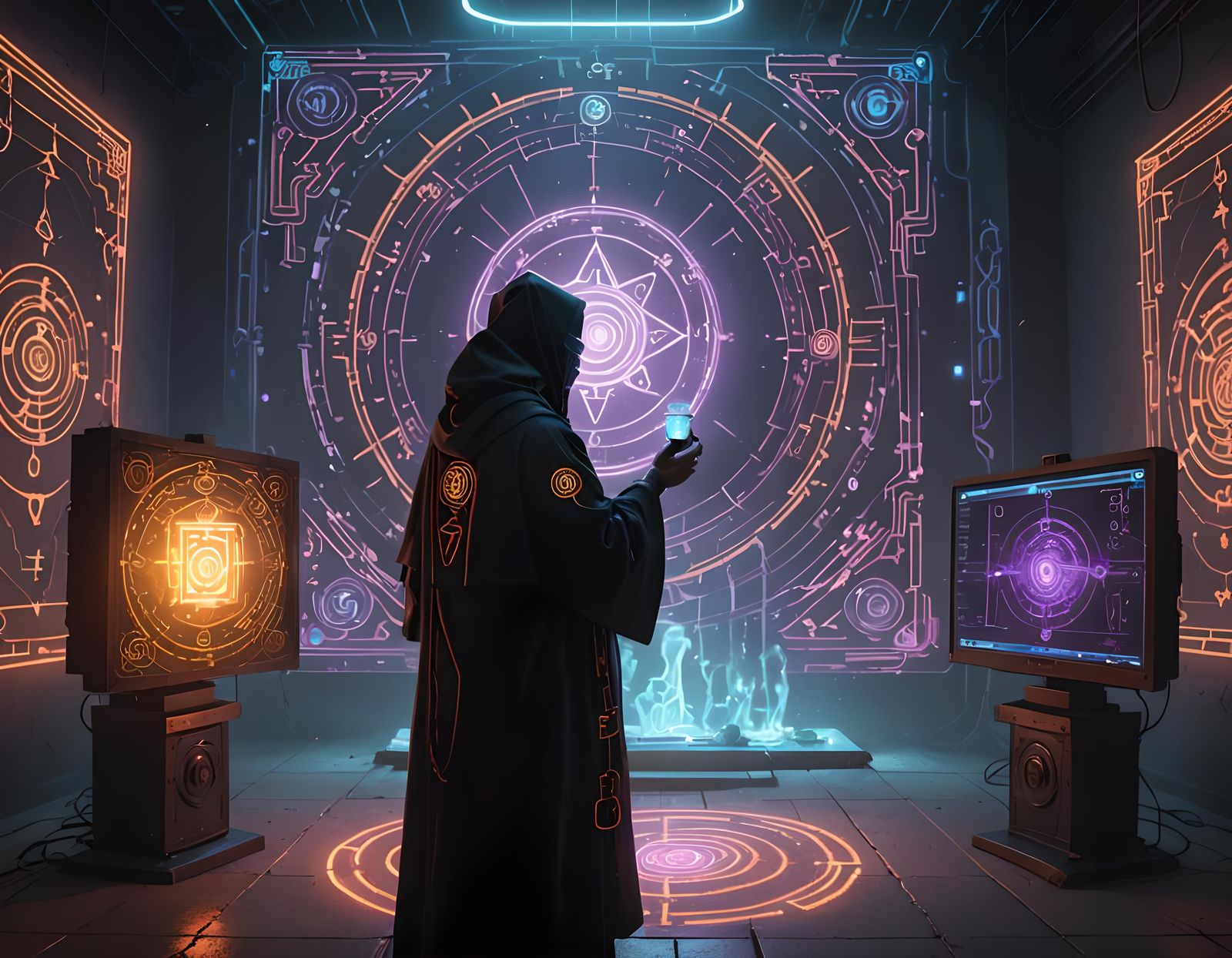 Cyberpunk Priest Worshipping Digital Deity with Glowing Symb...