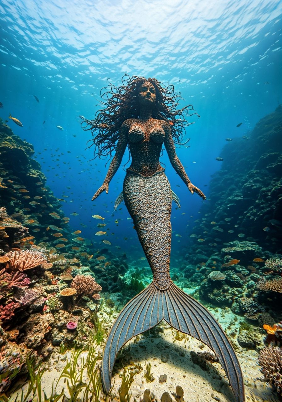 Majestic Rusted Mermaid Sculpture Submerged